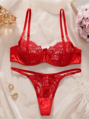 Red Lace Satin Underwire Bra & Thong Set - Women Intimates